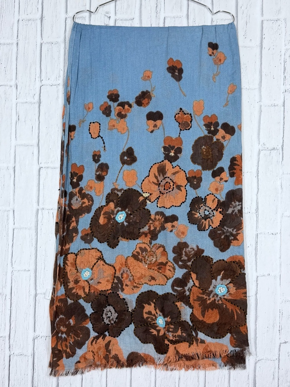 🩵 Aratta Floral Embroidered Wool Blend Oversized Scarf Wrap Blue Brown